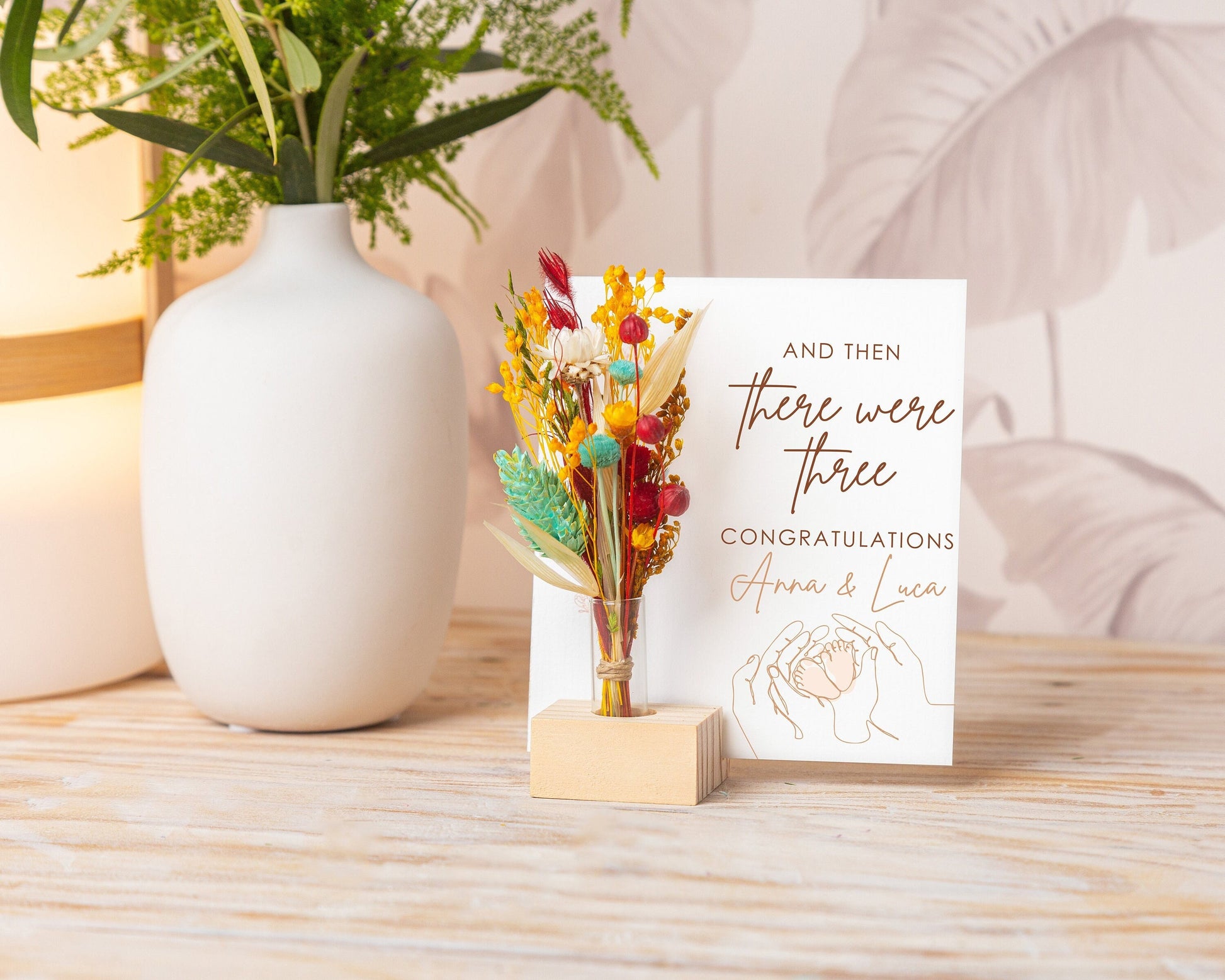 And Then There Were Three Dried Flower Card handmade with natural dried flowers