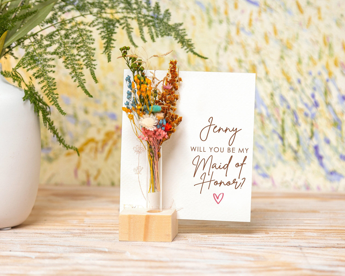 Will You Be My Maid of Honor Dried Flower Card handmade with natural dried flowers