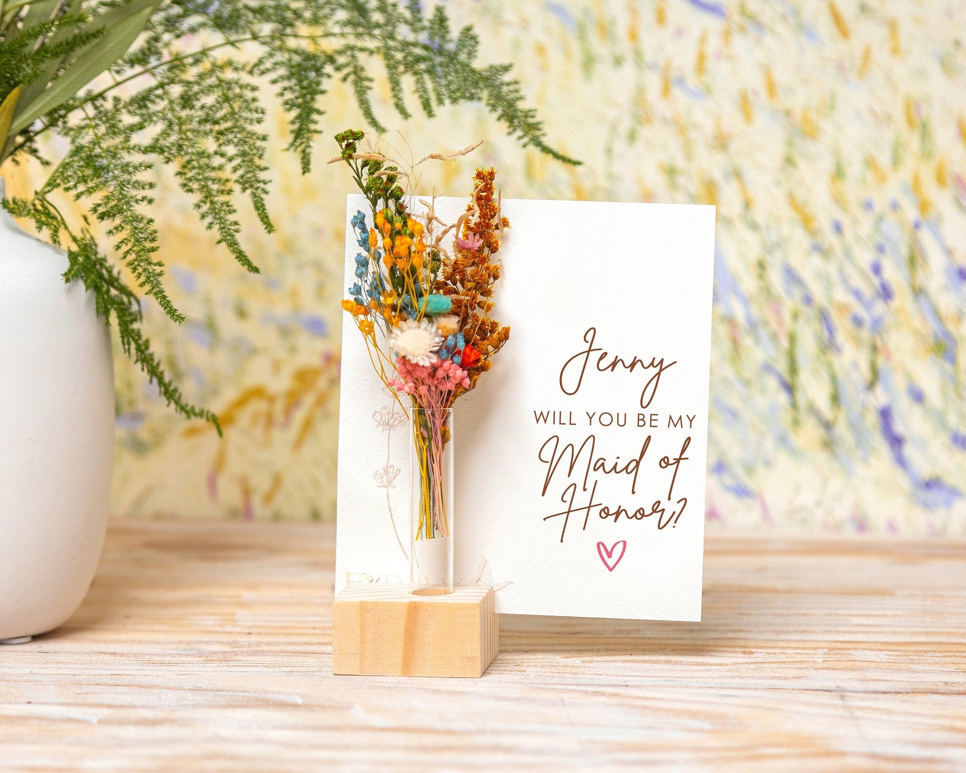 Will You Be My Maid of Honor Dried Flower Card handmade with natural dried flowers