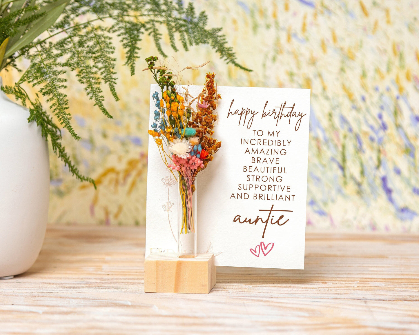 Personalized Auntie Birthday Dried Flower Card handmade with natural dried flowers