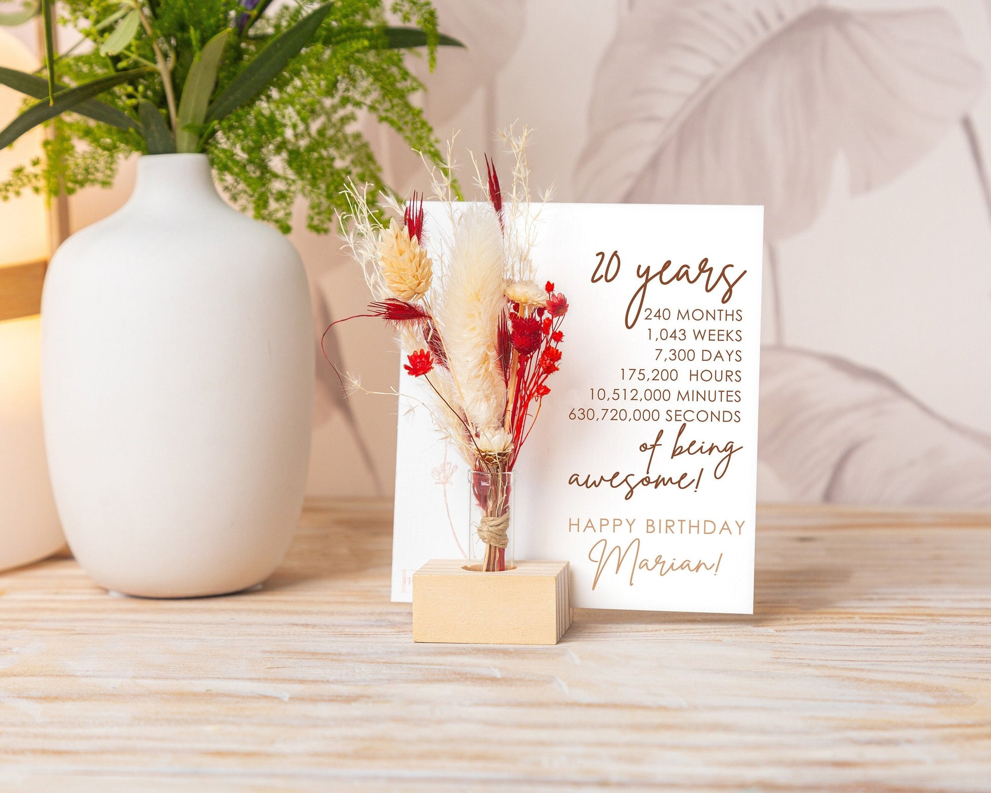 Happy 20th Birthday Dried Flower Card handmade with natural dried flowers