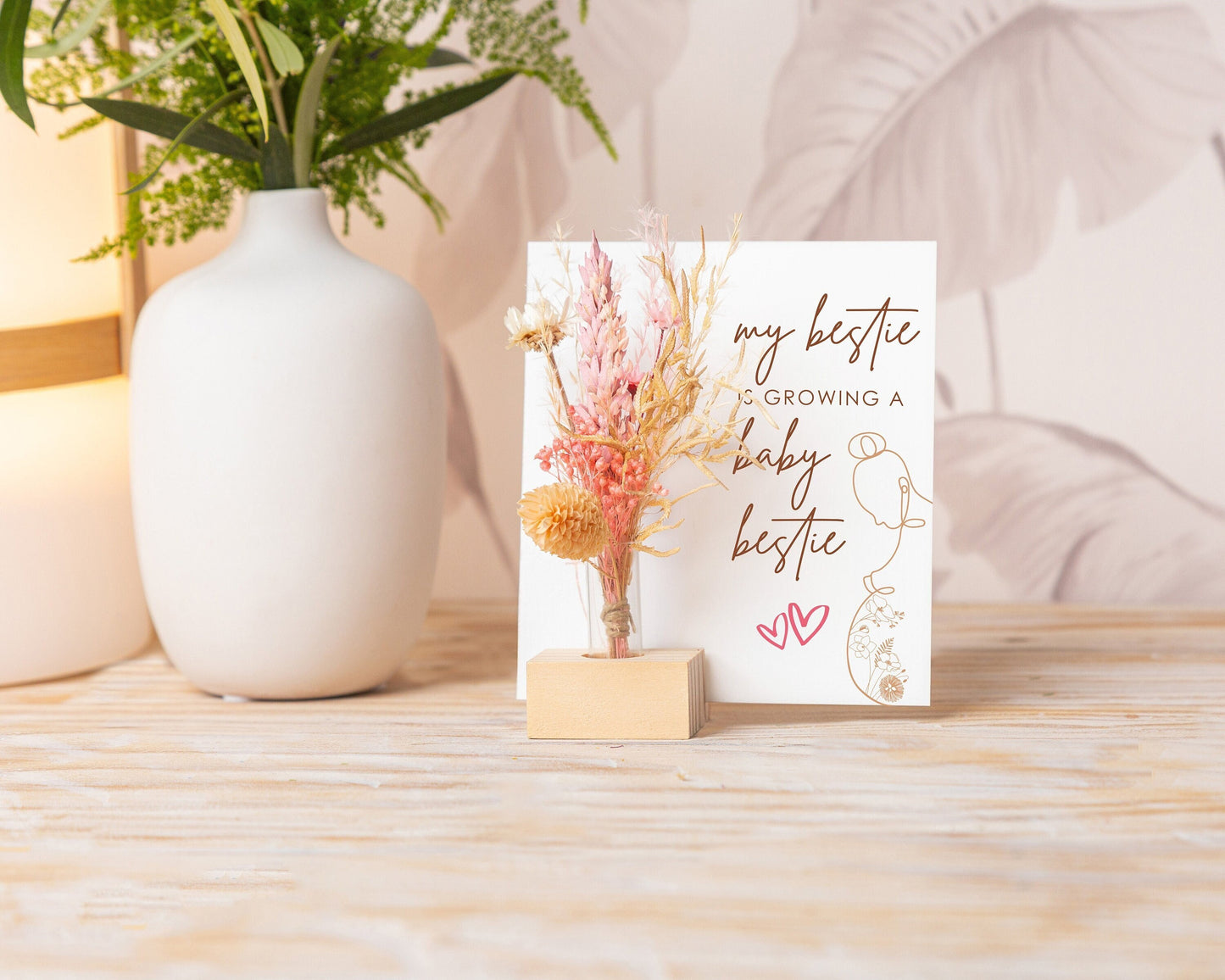 My Bestie Is Growing a Baby Dried Flower Card handmade with natural dried flowers
