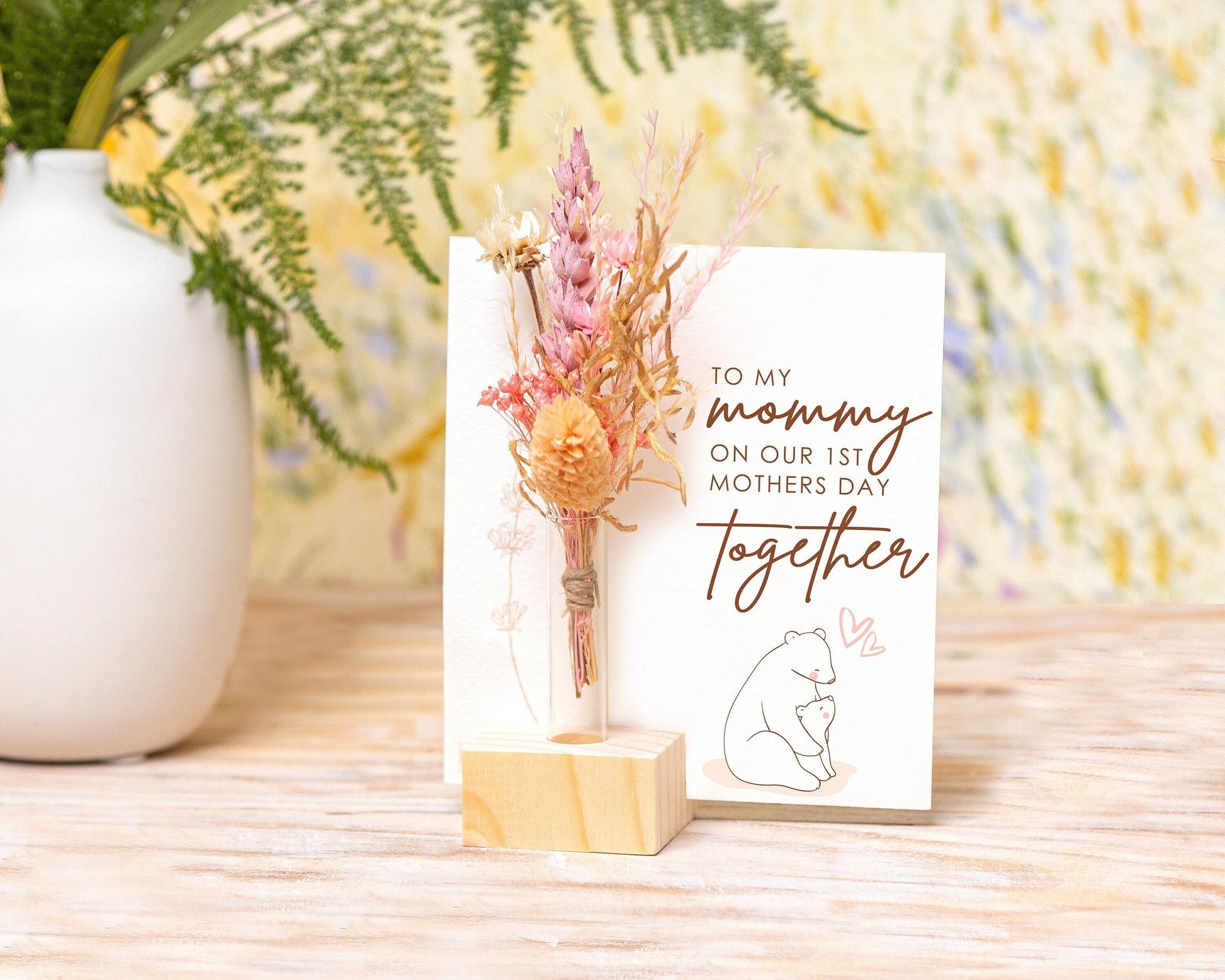 Happy First Mother’s Day Together Dried Flower Card handmade with natural dried flowers