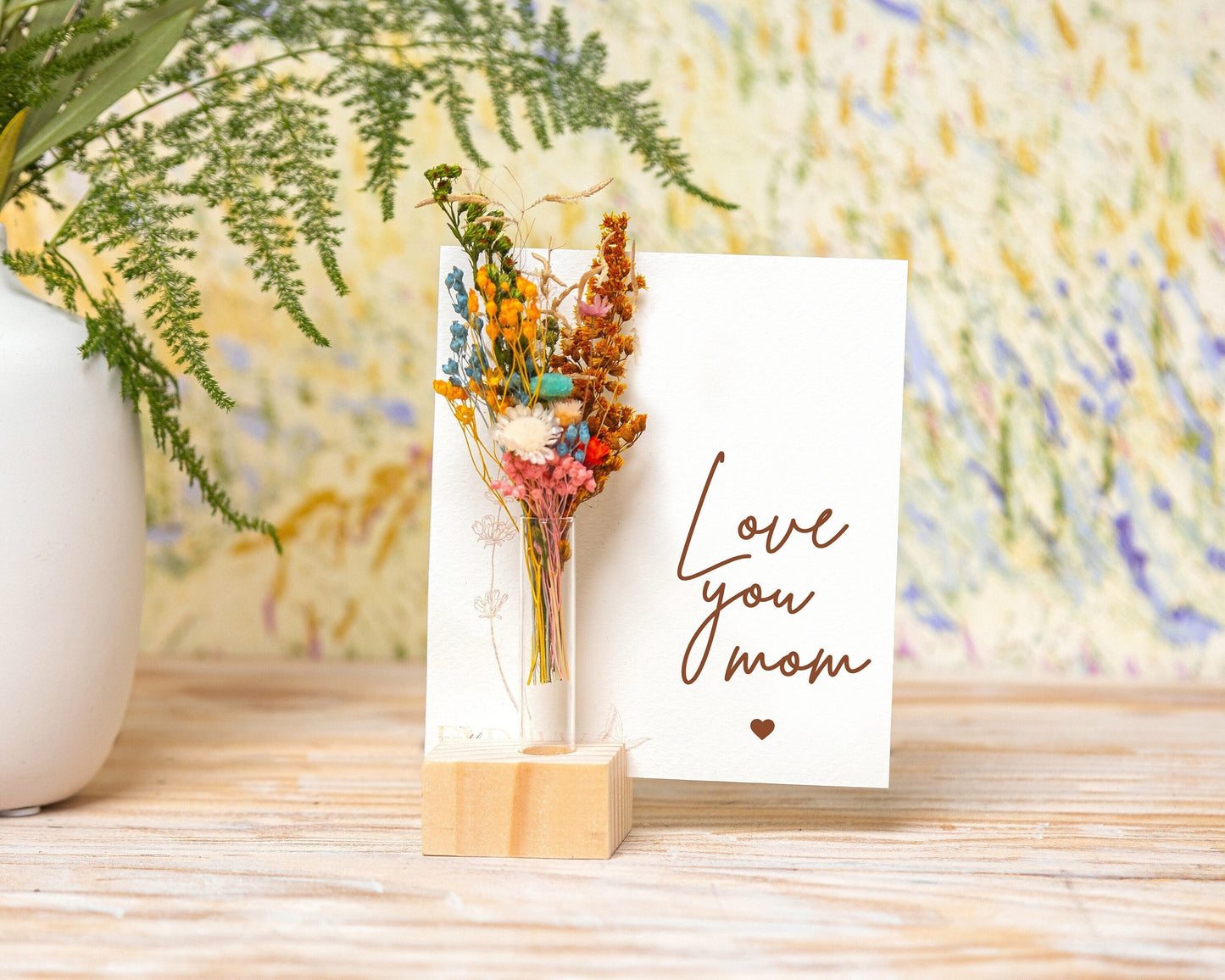 Love You Mom Dried Flower Card handmade with natural dried flowers