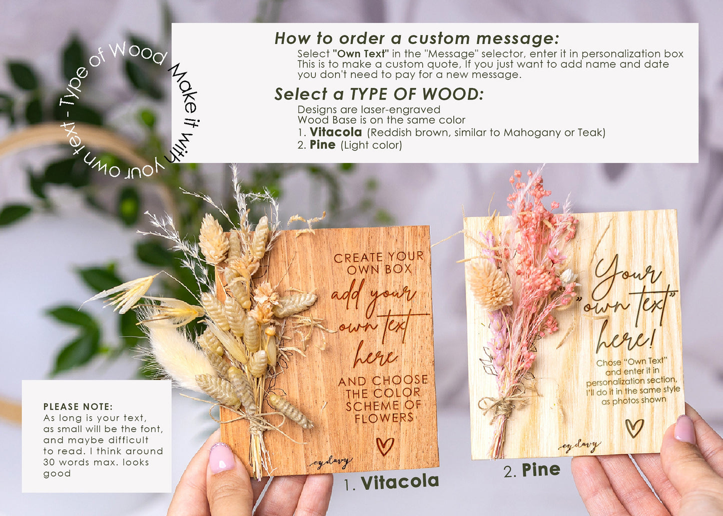 Dark wood and light wood floral keepsake card options