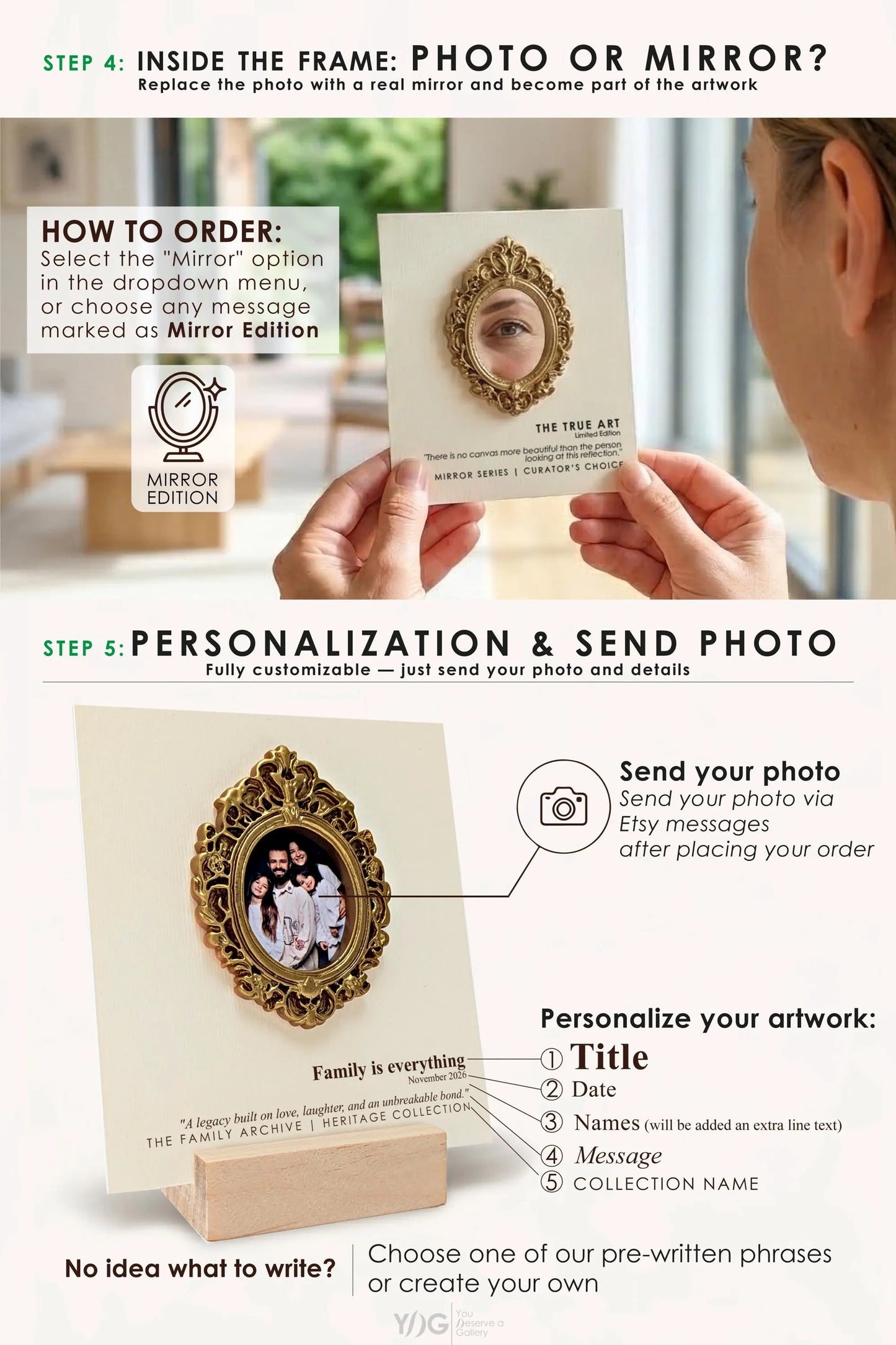 Photo, mirror and personalization options for gallery artwork