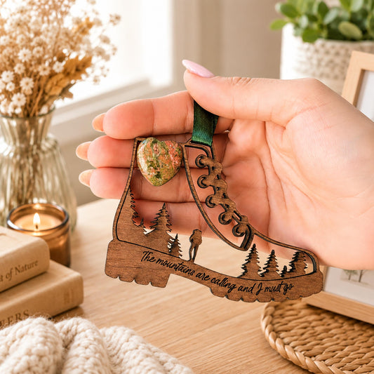 Hiking Boots Wooden Story Card With Crystal: product image 1