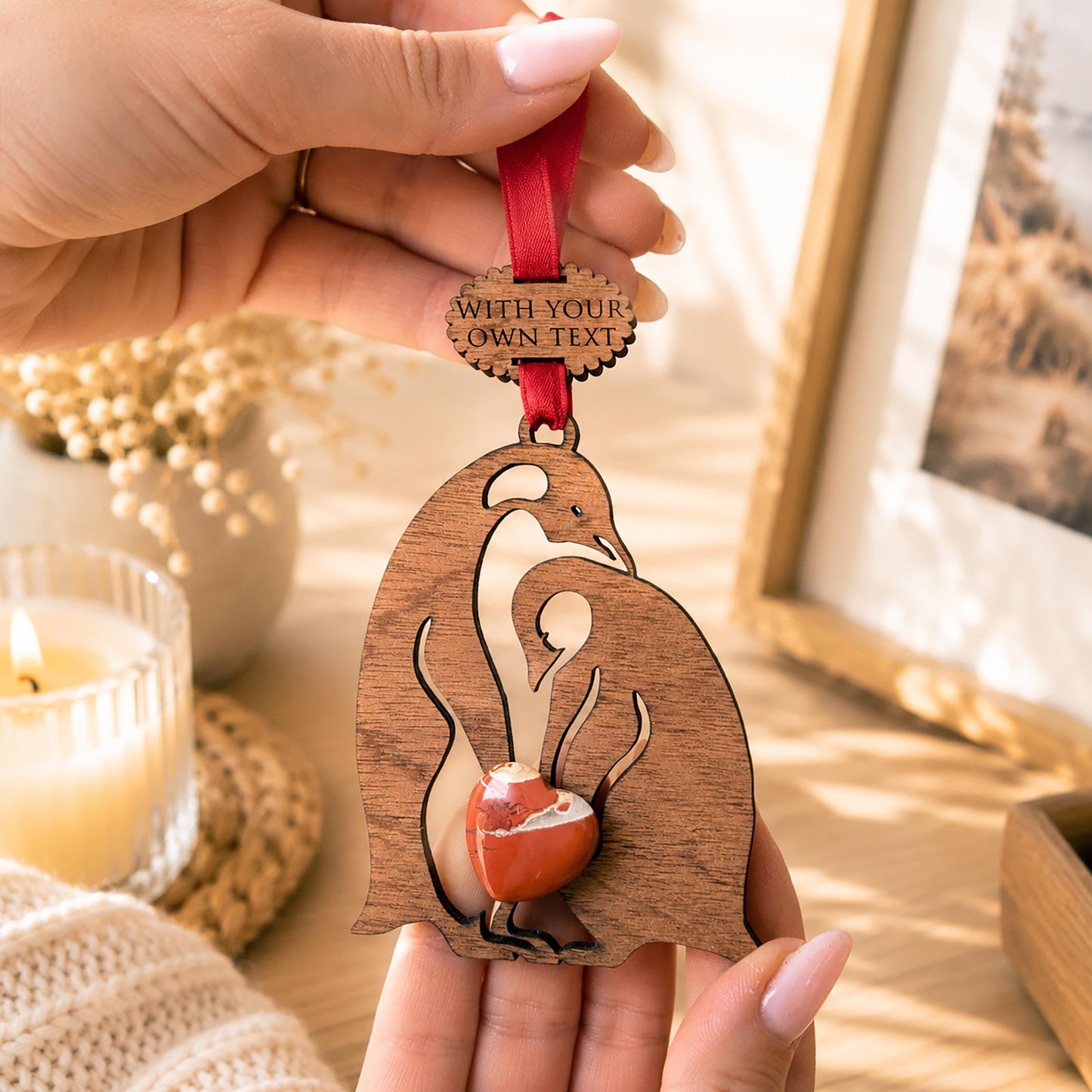 Penguin Couple Wooden Story Card With Crystal: product image 1