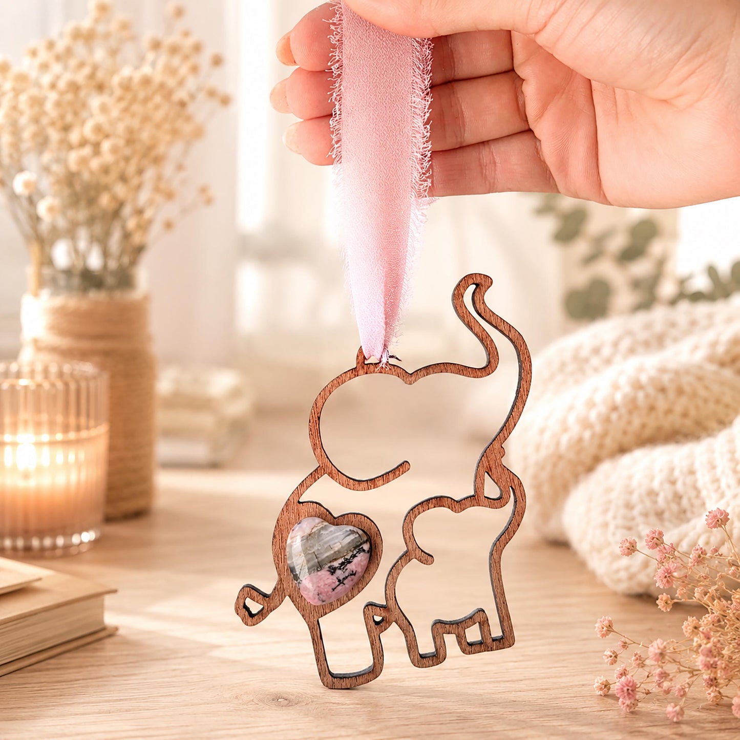 Mother and Baby Elephant Wooden Story Card With Crystal: product image 1