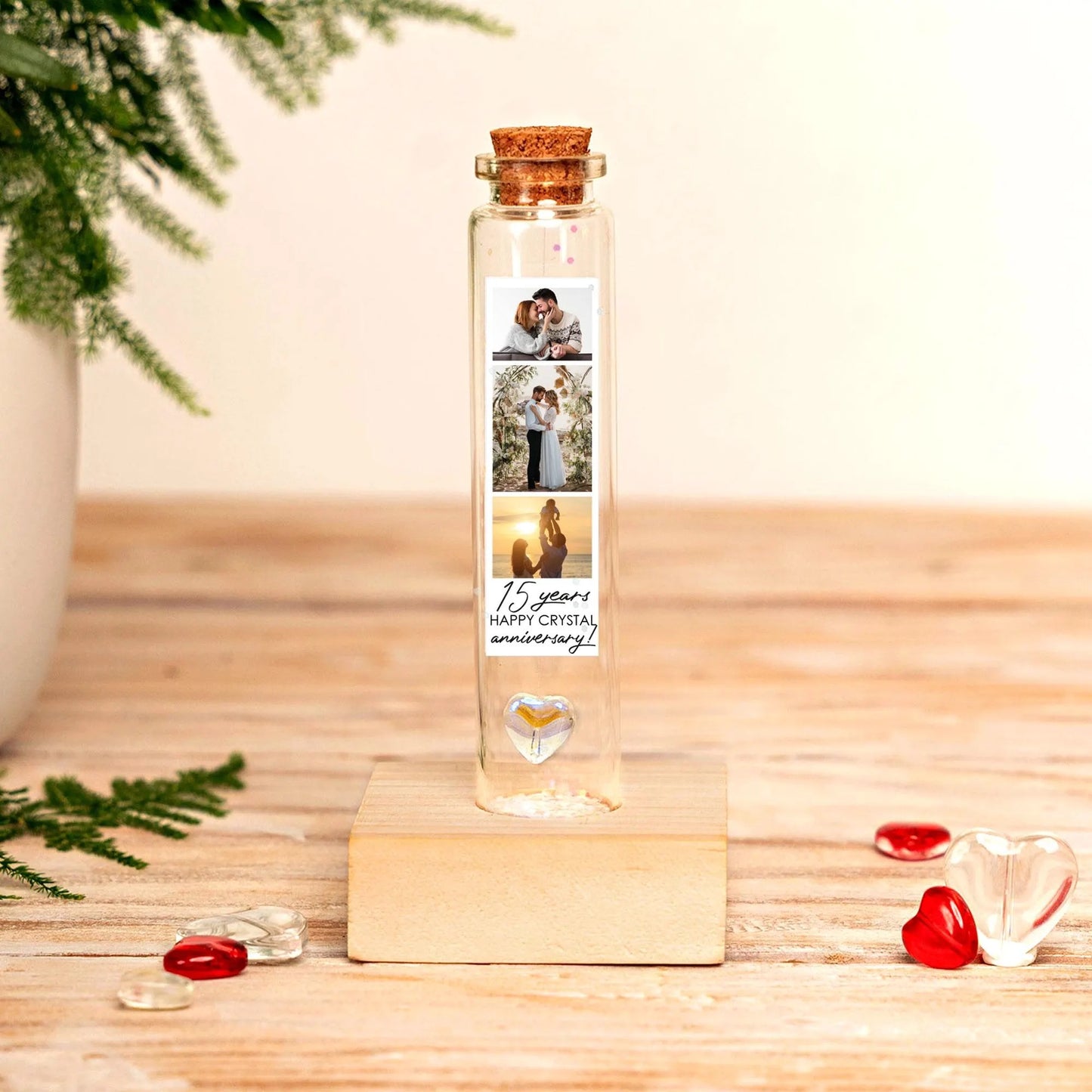 15th Anniversary Clear Crystal Heart Message Bottle
