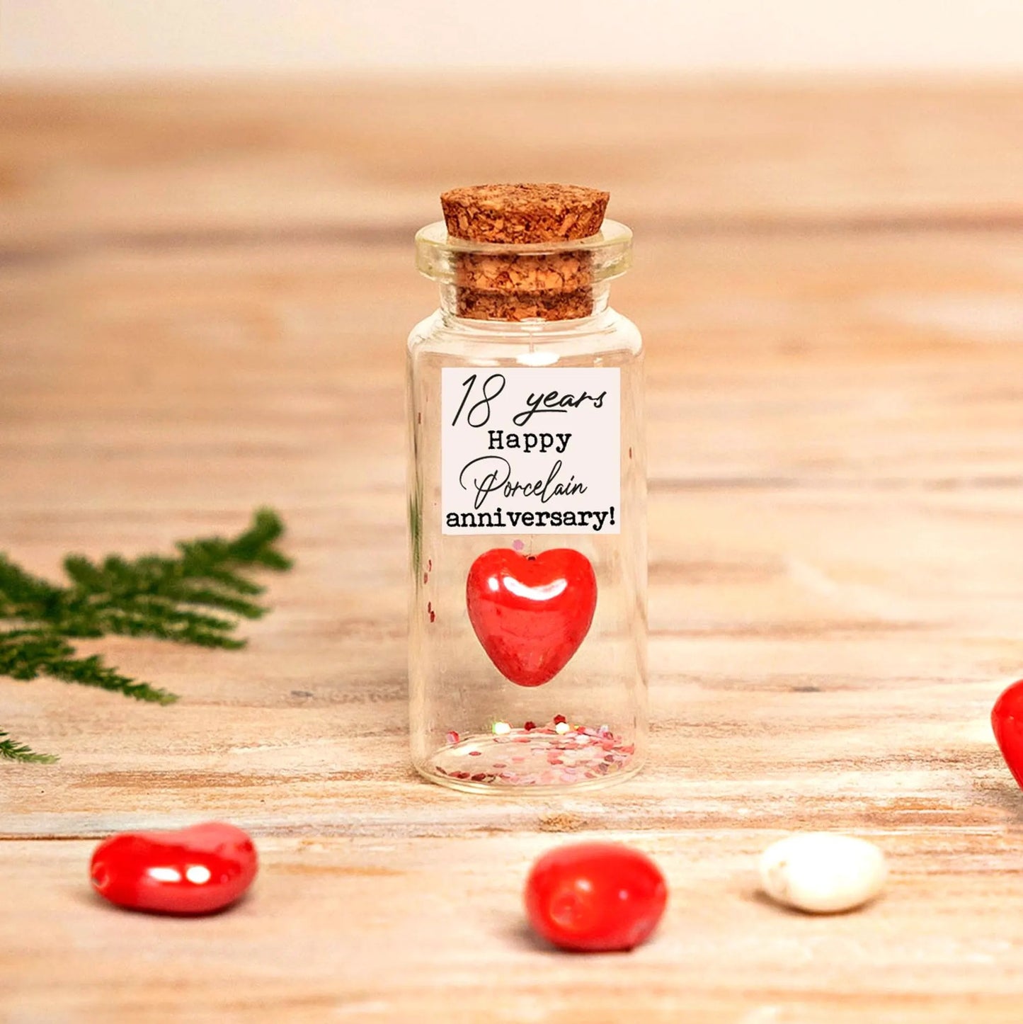 18th Anniversary Red Porcelain Heart Message Bottle