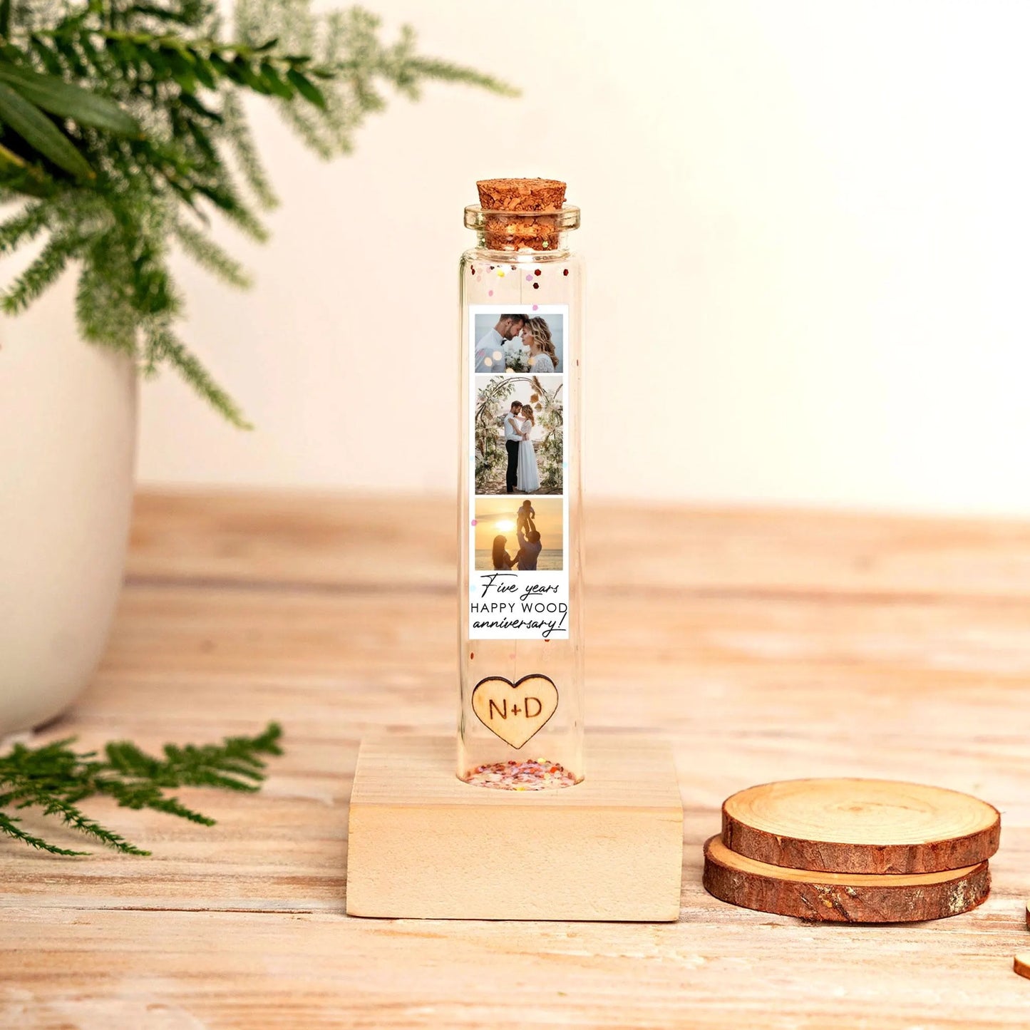 5th Anniversary Wood Heart Message Bottle