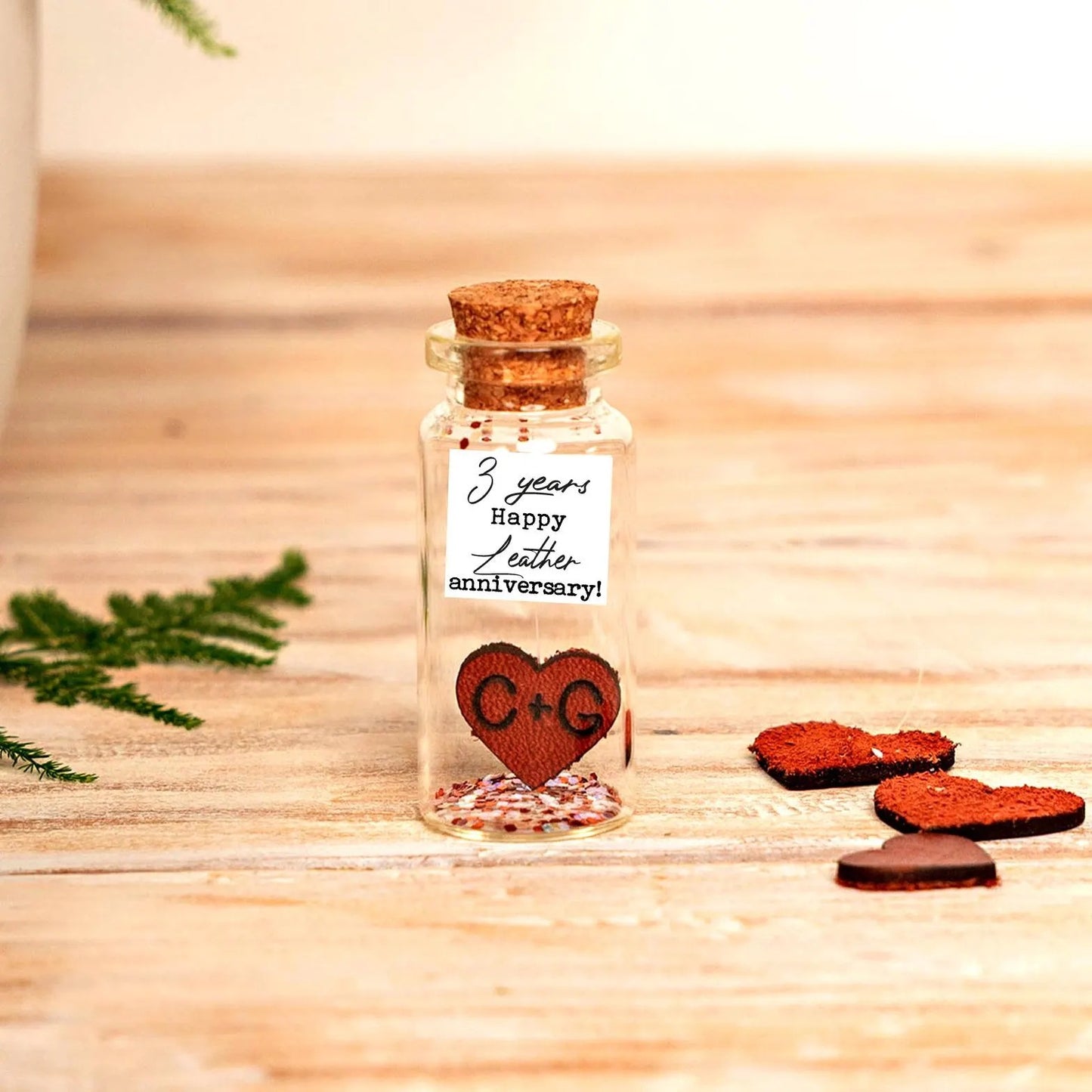 3rd Anniversary Leather Heart Message Bottle