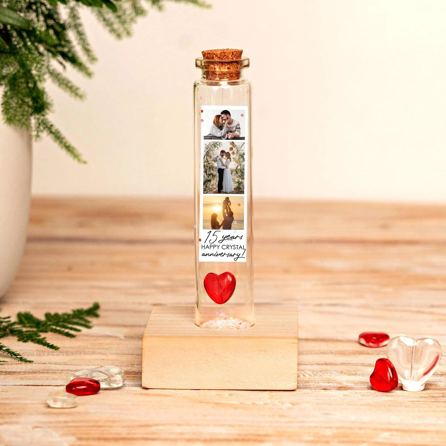 15th Anniversary Red Crystal Heart Message Bottle
