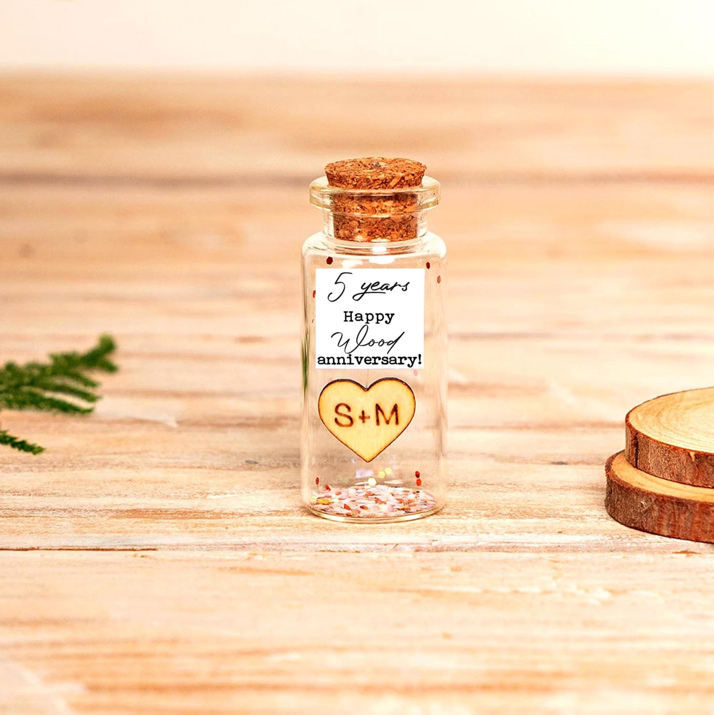 5th Anniversary Wood Heart Message Bottle