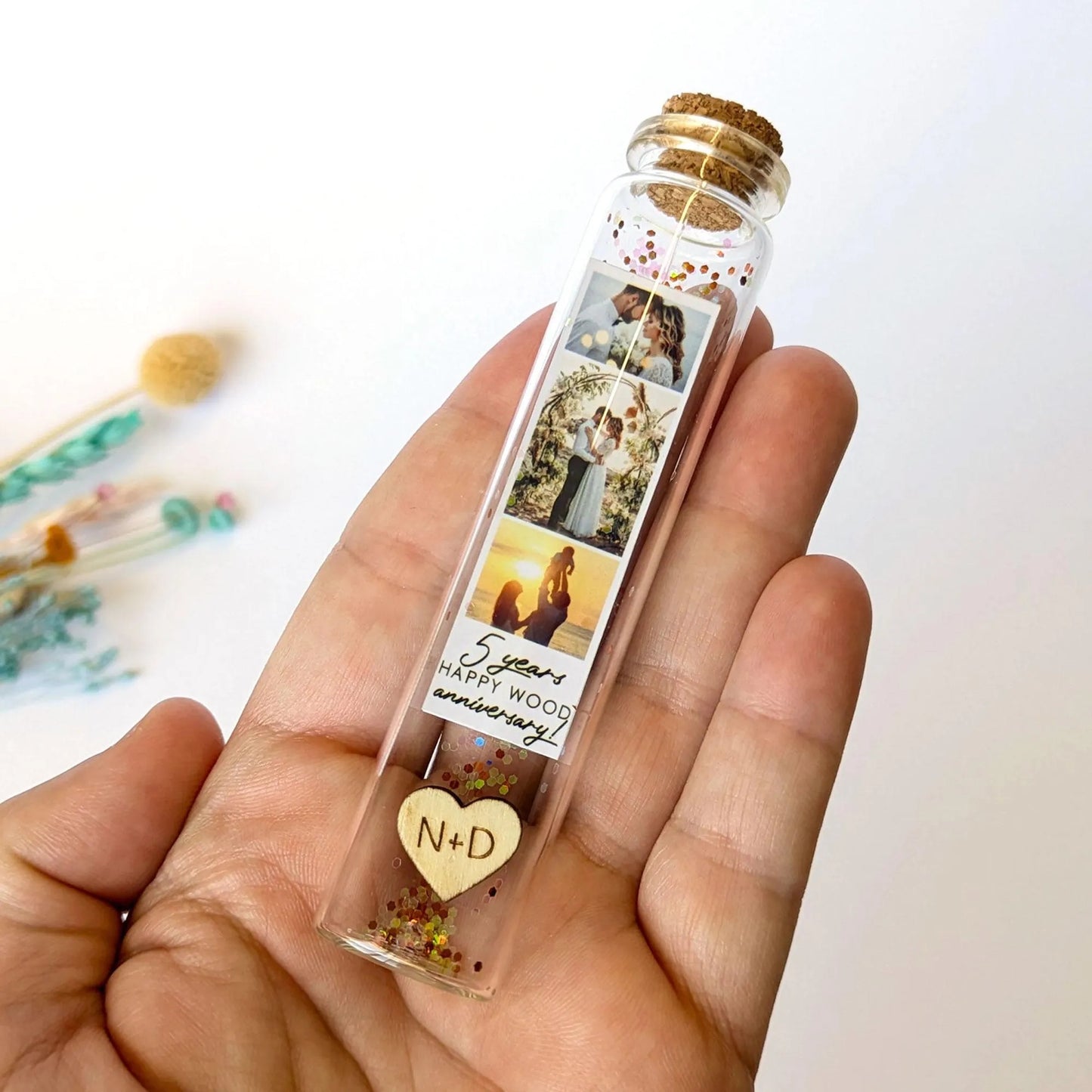 5th Anniversary Wood Heart Message Bottle