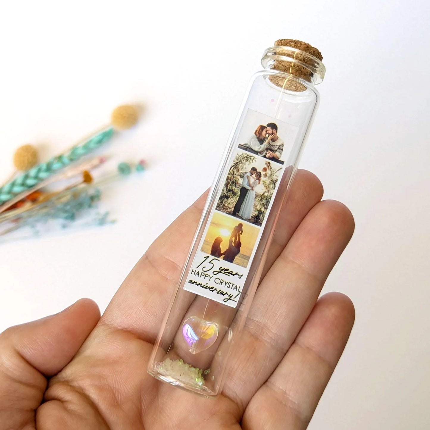 15th Anniversary Clear Crystal Heart Message Bottle