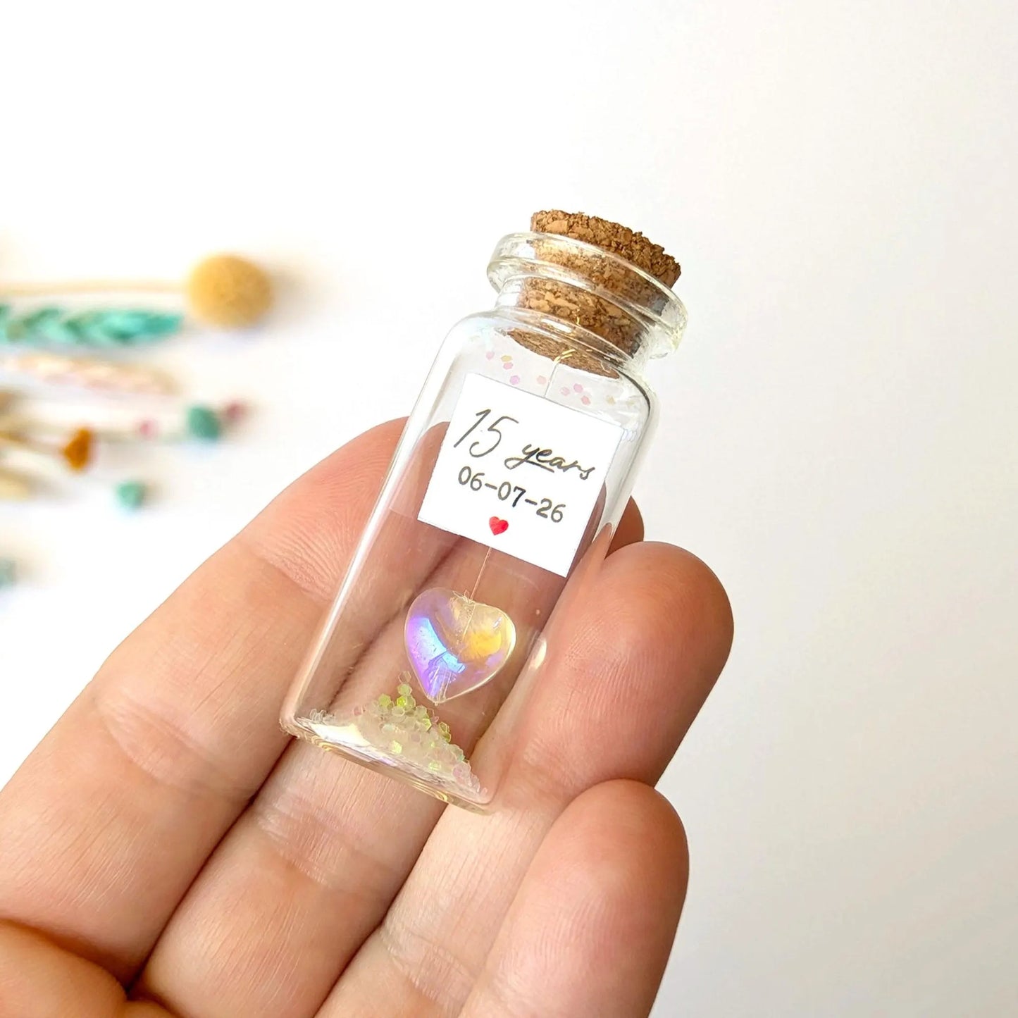 15th Anniversary Clear Crystal Heart Message Bottle