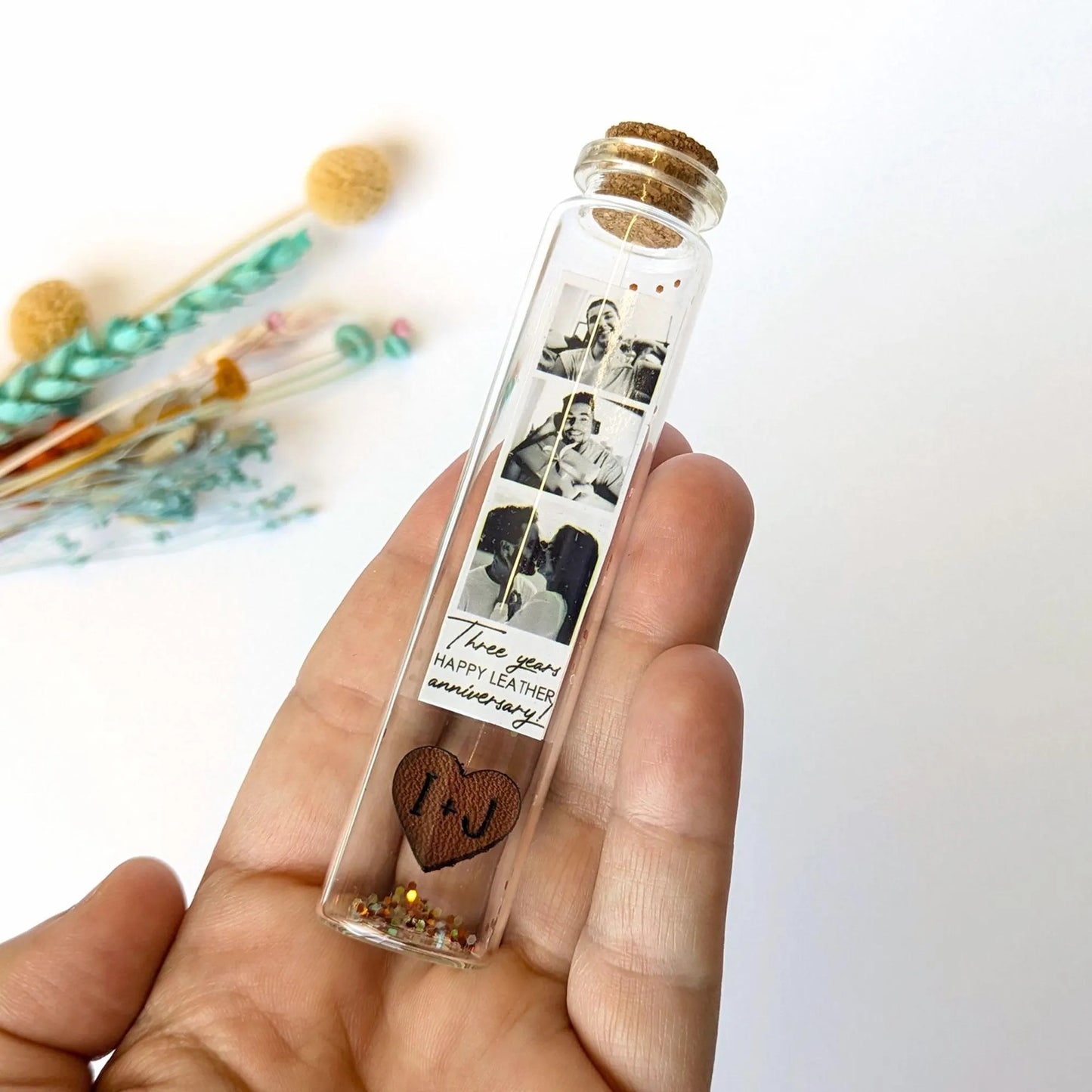 3rd Anniversary Leather Heart Message Bottle