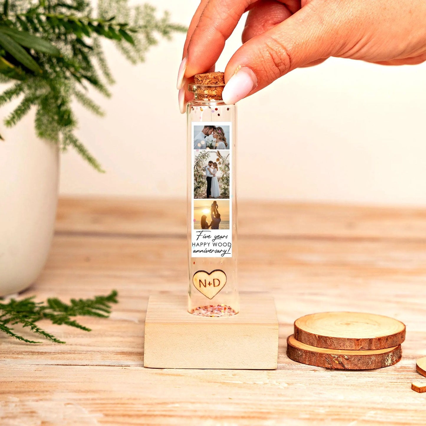 5th Anniversary Wood Heart Message Bottle