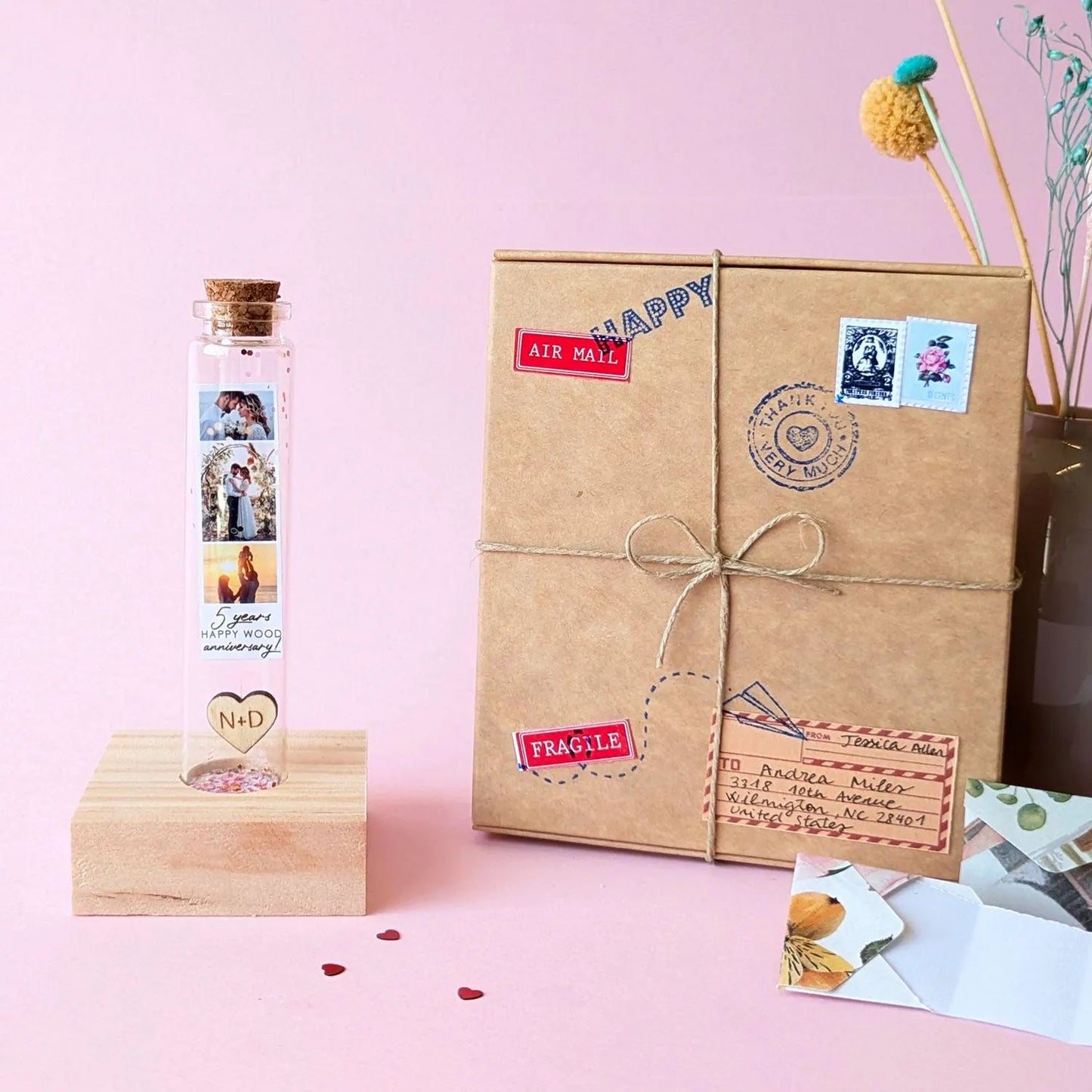 5th Anniversary Wood Heart Message Bottle