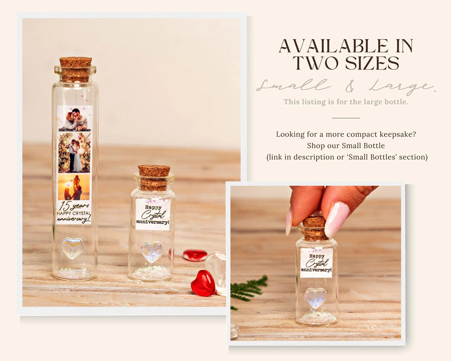 15th Anniversary Clear Crystal Heart Message Bottle