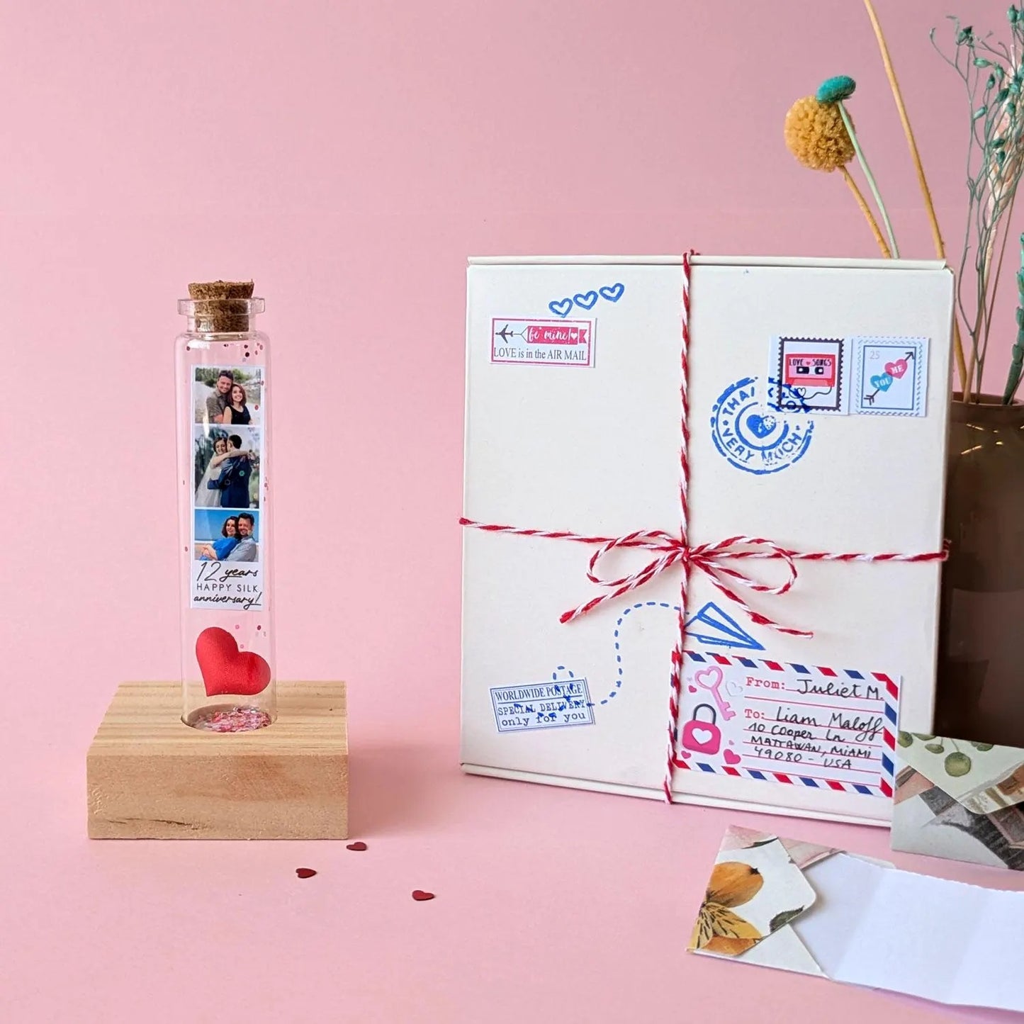 12th Anniversary Silk Heart Message Bottle