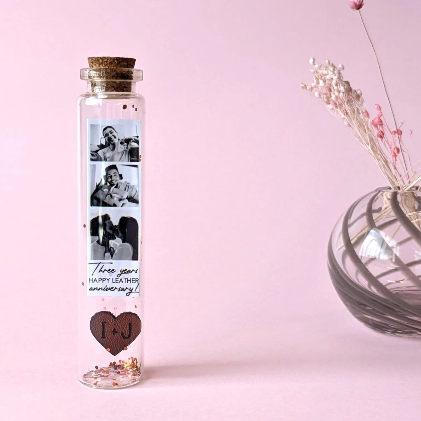 3rd Anniversary Leather Heart Message Bottle