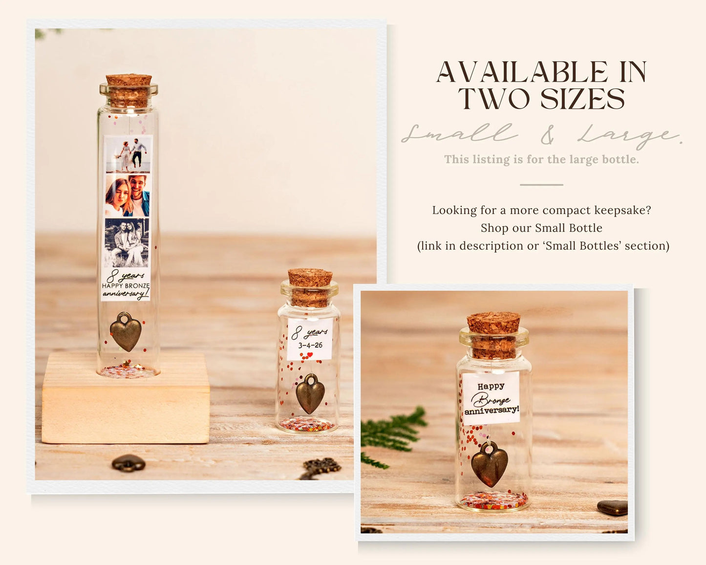8th Anniversary Bronze Heart Message Bottle