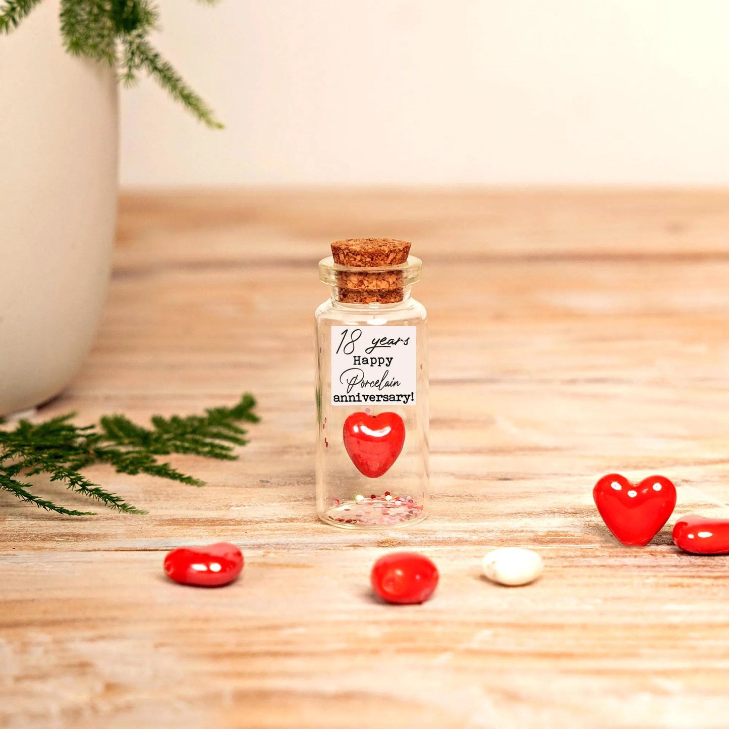 18th Anniversary Red Porcelain Heart Message Bottle